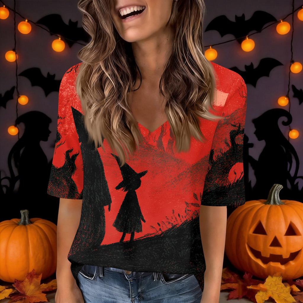 Women's V-Neck Short Sleeve Halloween Print Casual Top