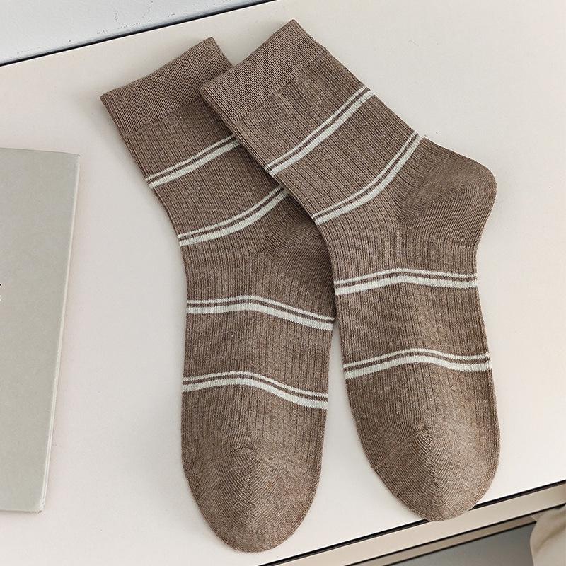Ladies' Socks, Brown Striped Mid-calf Socks, Maillard Versatile Cotton Socks for Autumn and Winter, Trendy Long Socks for Spring and Autumn