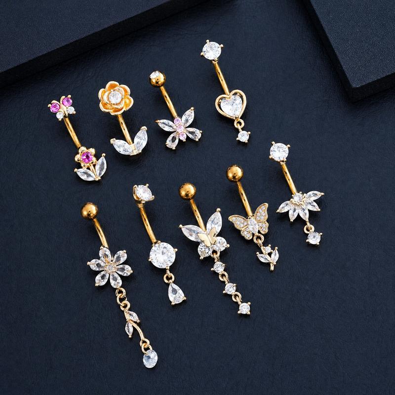 1Pcs  Stainless Steel Zircon Belly Button Ring Butterfly Flower Belly Button Stud Micro-Set Round Belly Button Piercing