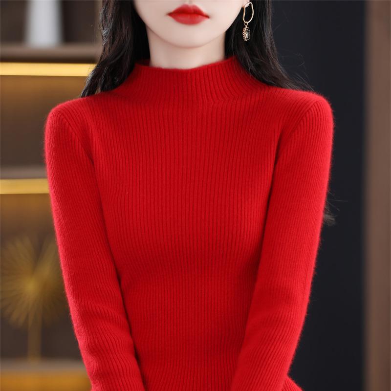 Women's Slim Fit Short Wool Knit Sweater - Solid Color, Half-High Collar