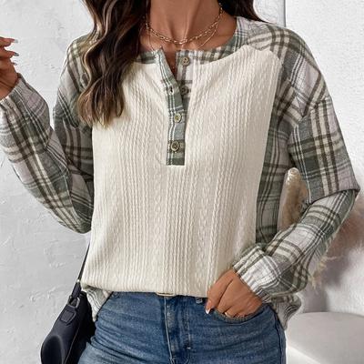 Damen Herbst und Winter Kariertes Patchwork Langarmbluse Rundhals Pullover Top