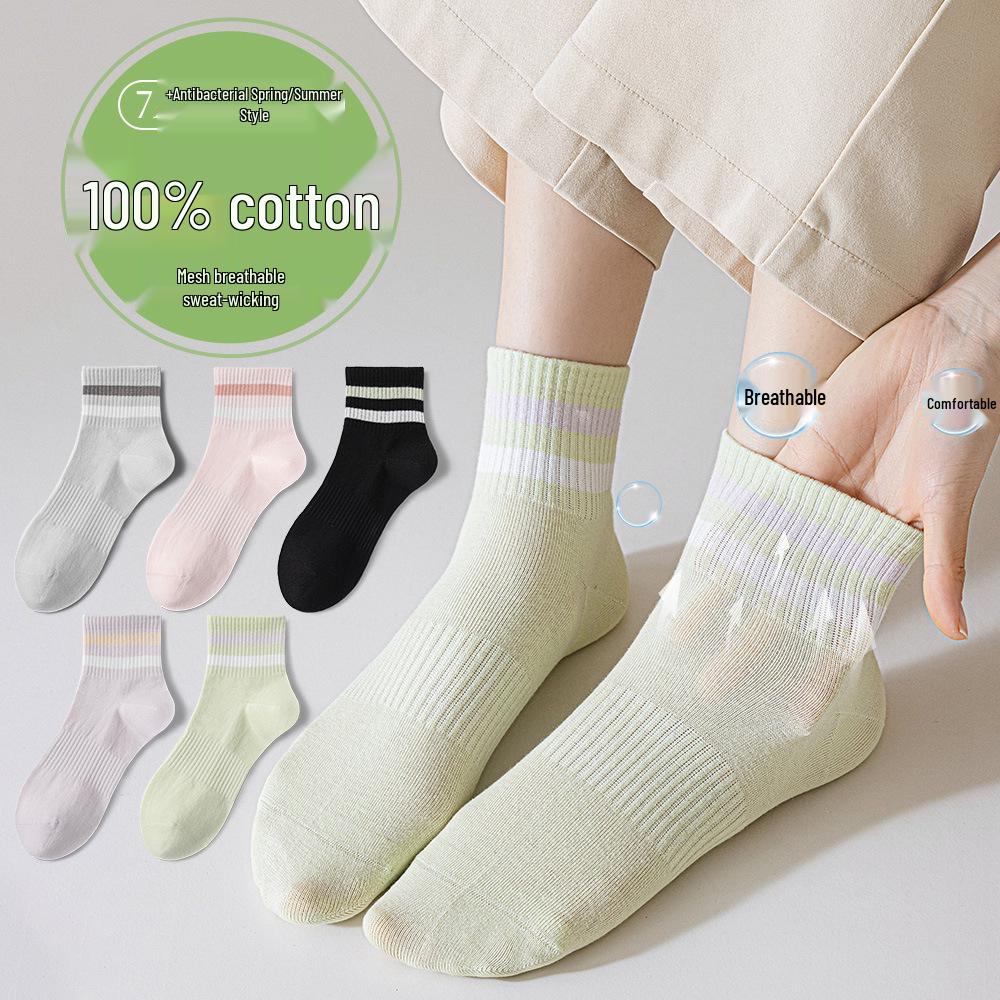 

Women s Cotton Mid-Calf Socks - Antibacterial, Sweat-Absorbing, Deodorant, Casual Sport Striped for Spring/Summer Women s Standard [35-40]