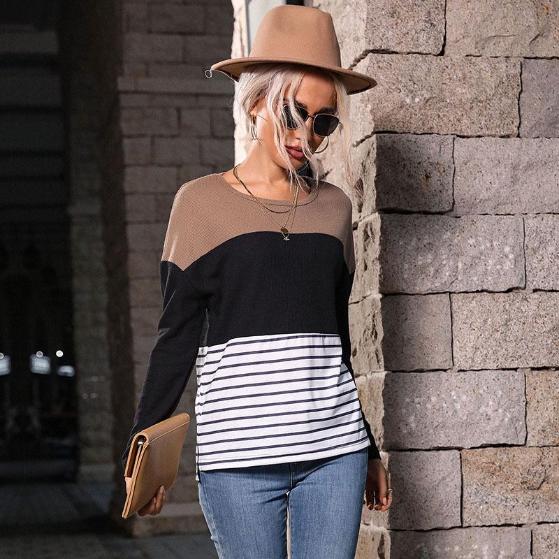 Woman Clothing Fashion Casual Tops Shirts Fashionable and Casual Temperament Women's Long-sleeved Splicing Loose Striped Knit Sweater