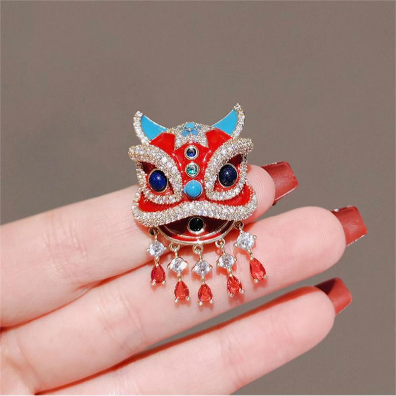 Chinese Style Red Lion Dance High End Accessory Enamel Painted Brooch