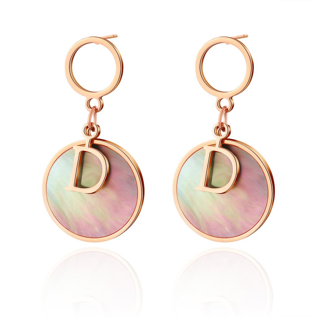 D Word Fritillary Earrings Stainless Steel Gold-Plated Round Pendant Niche Design Big-Name Wind Advanced Titanium Steel Earrings