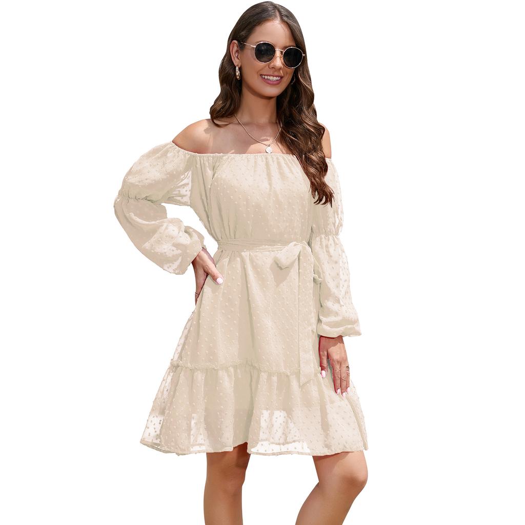Spring and Autumn Women's Dress Elastic Neck Long Sleeve with Lining and Belt Strapless Dresses