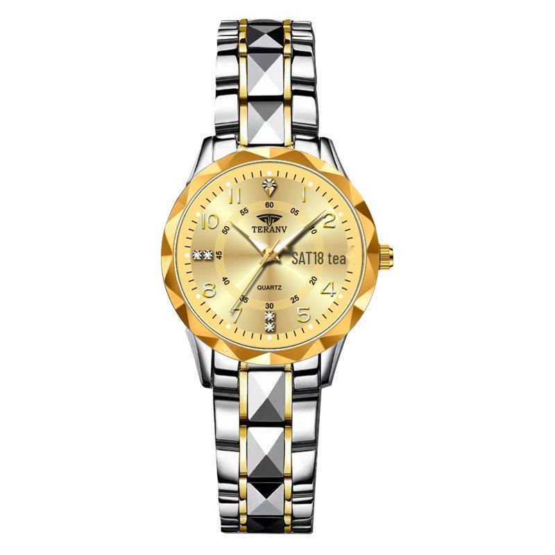 Rhombus Ladies Dual Calendar Waterproof Luminous Wristwatch with Solid Strap - Fashionable Gift for Women