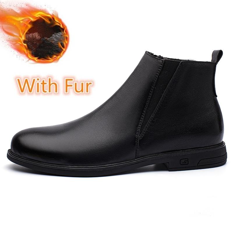 Chelsea Winter Black Mens Boots Genuine Leather Office Boots Fashion Designer Shoes Men Warm Winter Slip-On Cow Leather Footwear