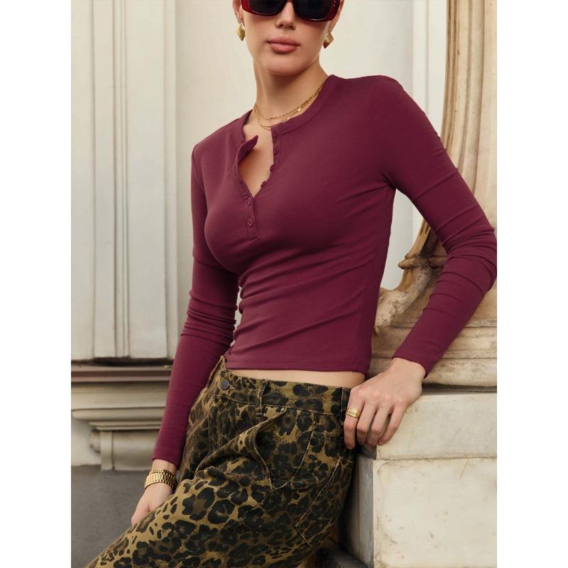 

Однотонная блузка женская осенняя сотня повседневная облегающая круглая горловина с длинным рукавом S бордовый