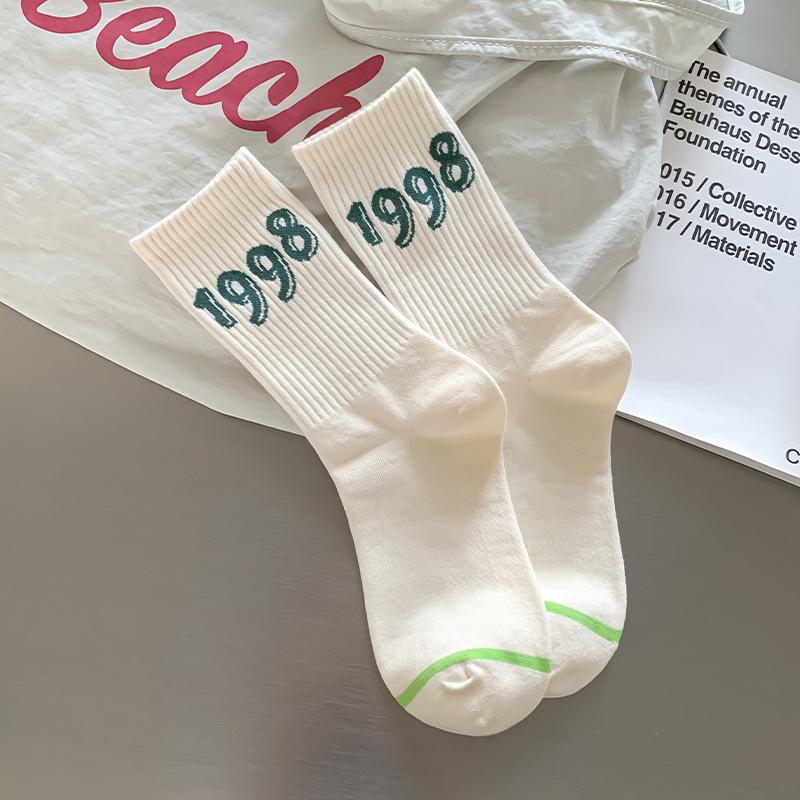 Women's Autumn Winter Boneless Mid-Calf Socks - Korean Style, Breathable, Sweat-Absorbing, Trendy Letter Design