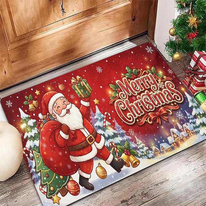 Candy Cane Bow Holiday Welcome Carpet  Star Holly Berry Print Non Slip Indoor Entrance Rug For Winter Theme Home Decor