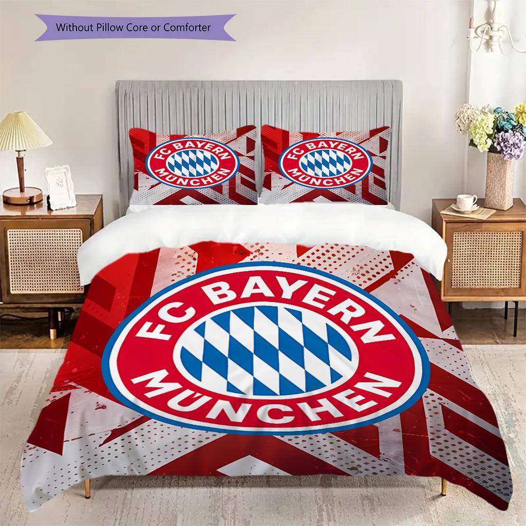 FC Bayern München Muster Bettwäsche Steppdecke Set Bettbezug Kissenbezug Heimdekoration Geburtstagsgeschenk (1 Bettbezug + 2 Kissenbezüge, ohne Füllung)