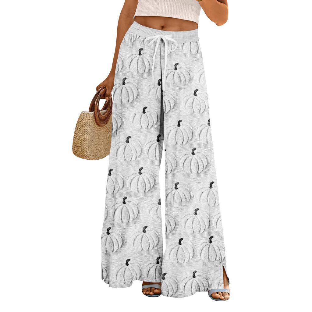 Women Summer Boho Palazzo Pants High Waist Wide Leg Halloween Printing Casual Trousers With Pockets