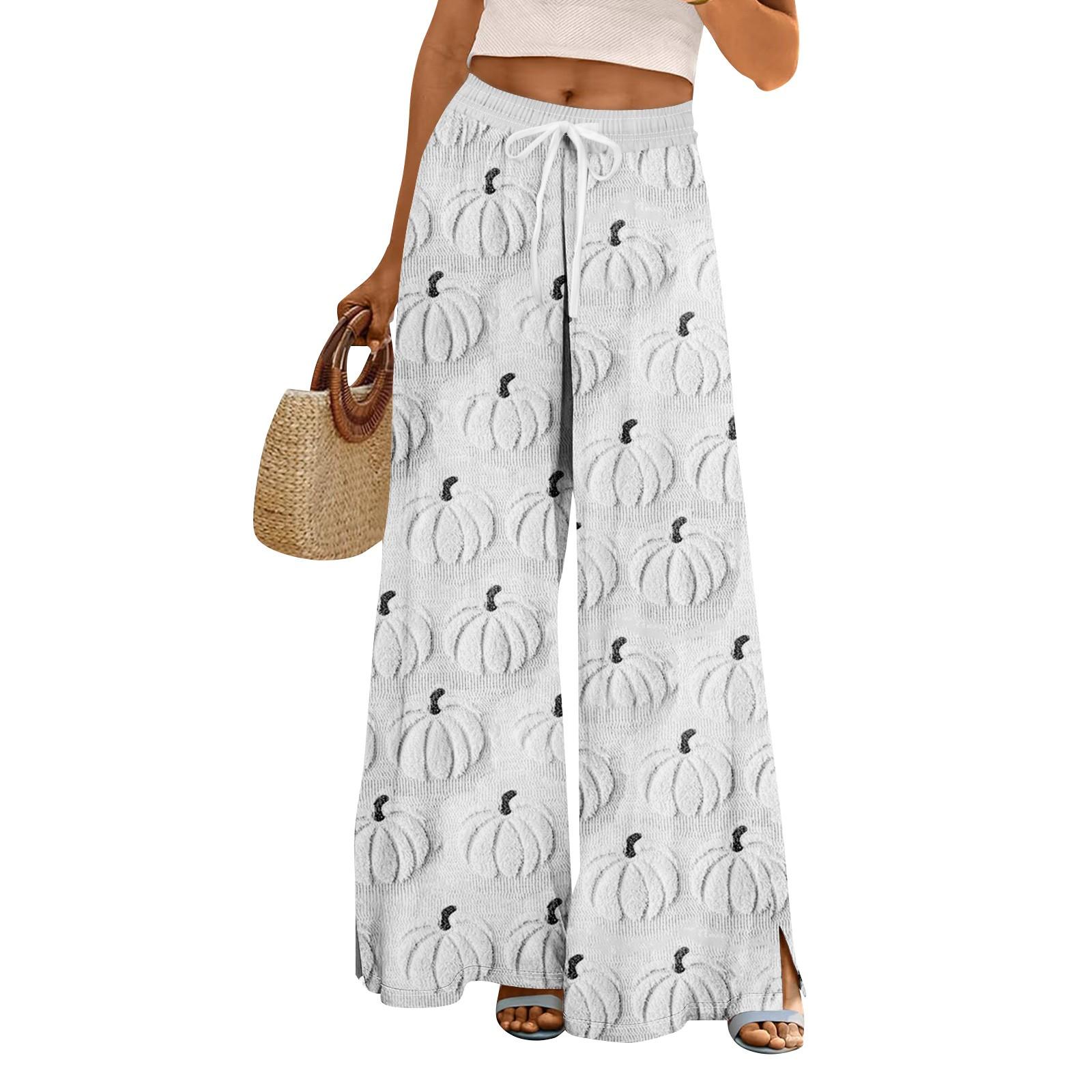 

Women Summer Boho Palazzo Pants High Waist Wide Leg Halloween Printing Casual Trousers With Pockets L білий