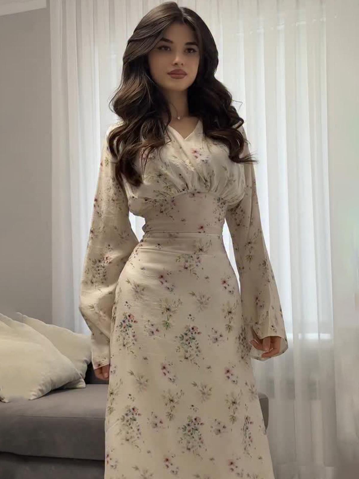 

2025 Summer Elegant Long Sleeve Waist-Cinching Dress for Women L