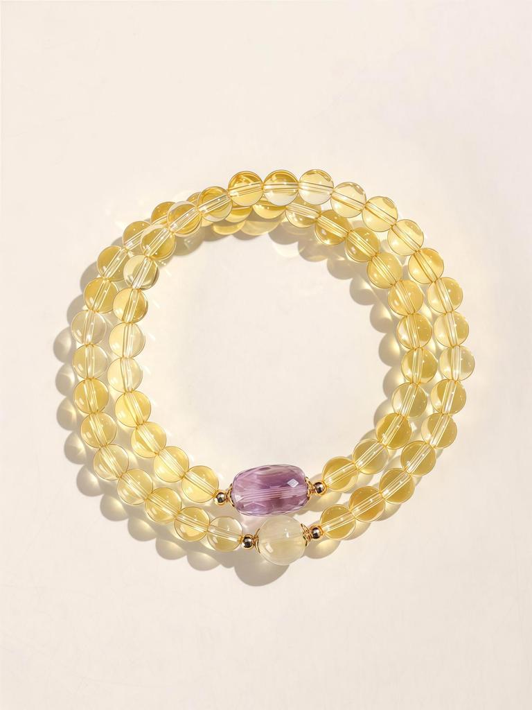 Gelber Rutilquarz & Amethyst Reichtum Anziehungs Armband - Goldenes Tigerauge, Glücksverstärkender Kristall Schmuck für Frauen