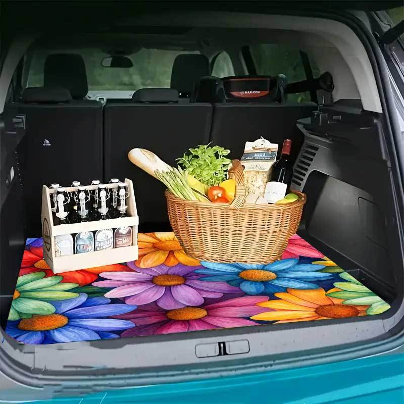 1pc Vibrant Floral Car Trunk Mat, Soft Durable Polyester, Colorful Flower Design