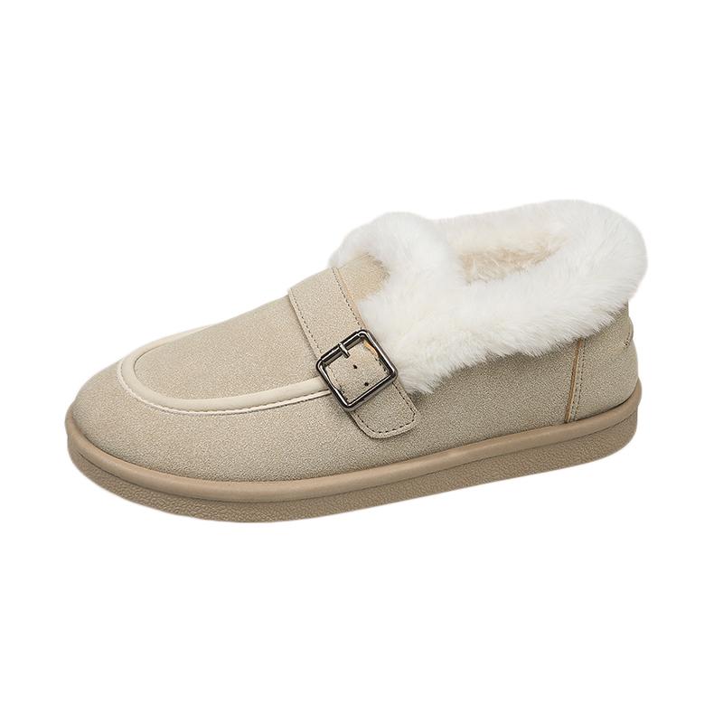 Large Size Cotton Shoes Winter New Round Toe Deep Mouth Suede Metal Buckle Soft Sole Anti-slip Wear-resistant Flats