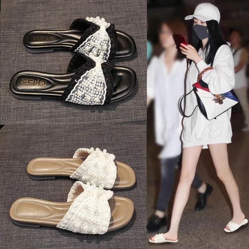 French Fairy Style One-word Female Outer Wear 2025 Summer New Soft Bottom Casual Versatile Fashion Pearl Cool Slippers Tide