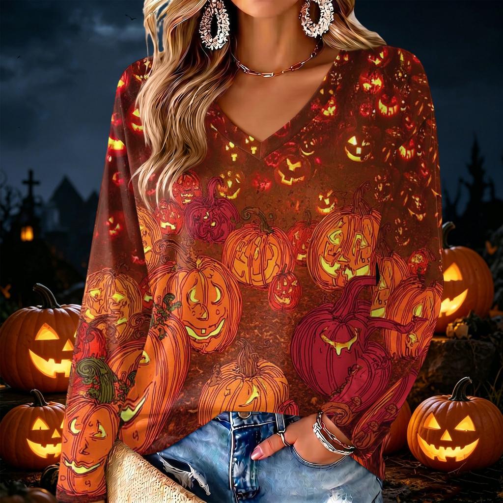 Women's V-Neck Long Sleeve Halloween Print Lightweight Blouse for Fall Parties and Everyday Wear