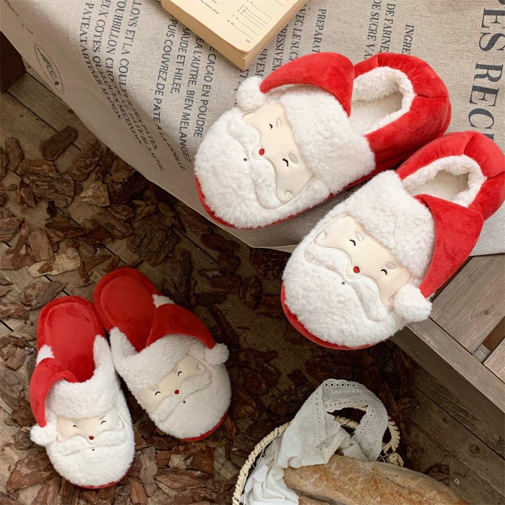 Couple Christmas Plush Slippers Women's Winter Indoor Slippers, Cute Santa Pattern Men's Warm Home Shoes