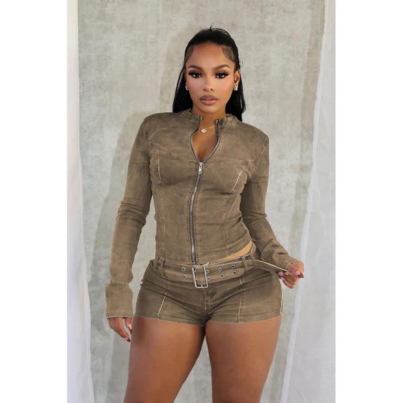 Women's Distressed Spicy Girl Zipper Cardigan & Denim Shorts Set