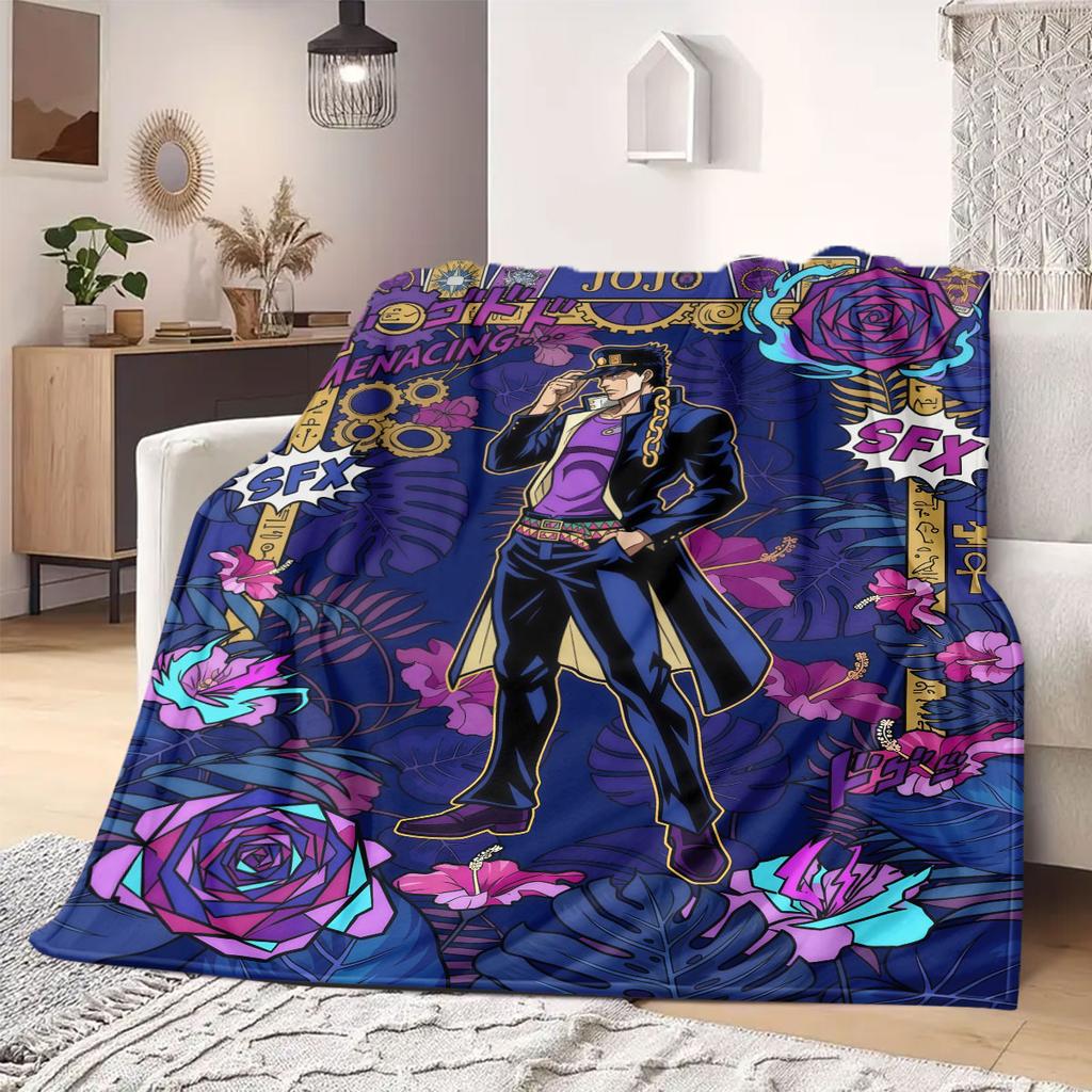 JoJo's Bizarre Adventure Cartoon Flannel Blanket, Printed Design for Bed and Sofa, Soft Home Decor, Picnic Travel Blanket_LIAN