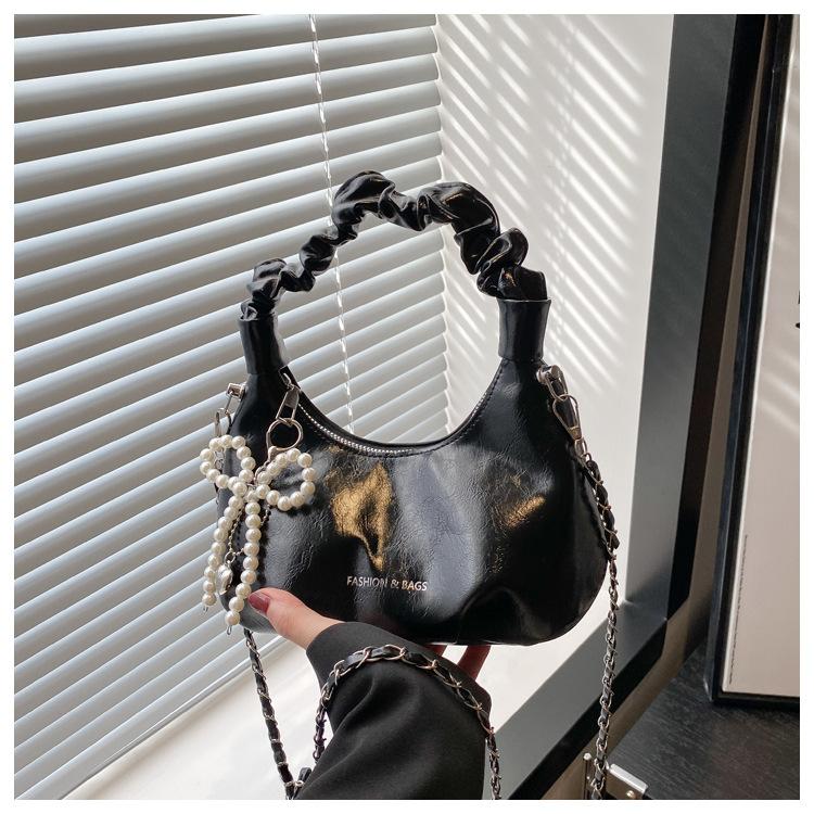 

Fashion Pleated Design Shoulder Bags for Women Solid Color Ladies Soft Pu Crossbody Bag Pearl Girls Hobos Handbags Purse Clutch no pendant