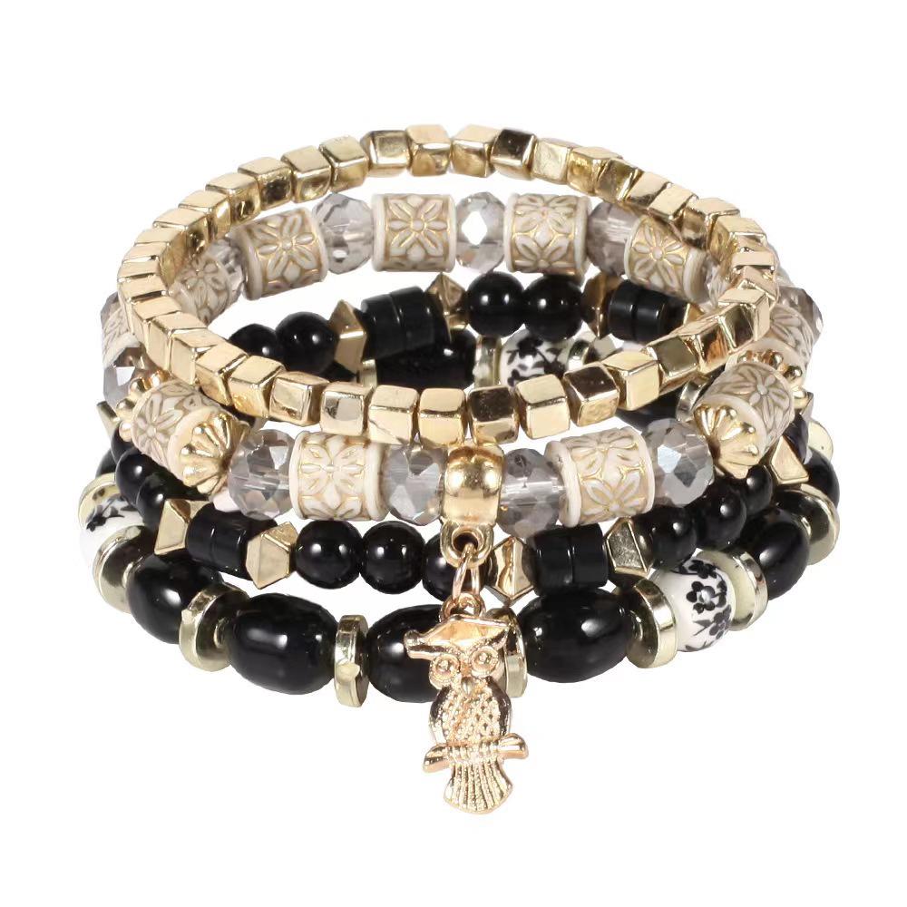 Bohemian Multi-Layer Beaded Bracelet with Owl Pendant