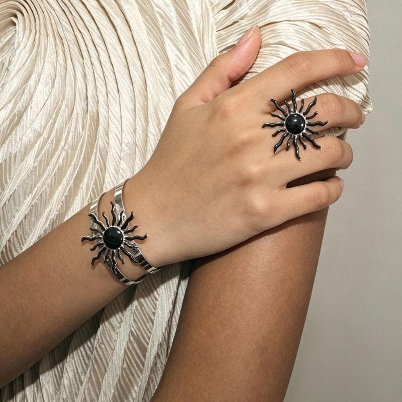 Adjustable Jewelry Set with Sun Design Bracelet and Ring, Matching Two Piece Accessory for Party Styling and Gifts