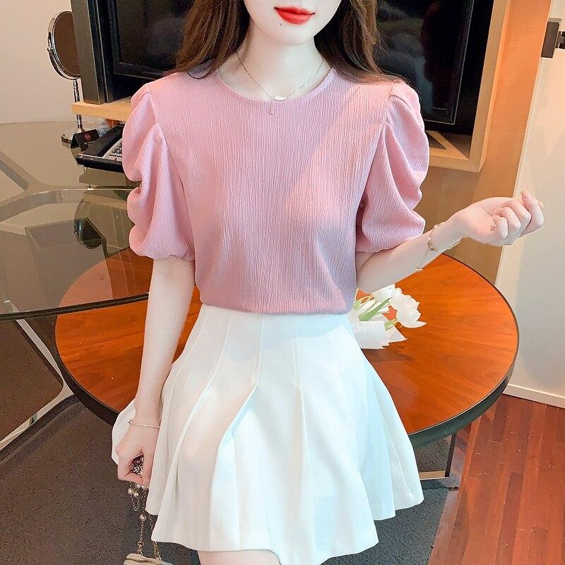 Women Shirts Office Lady Fashion Chiffon Tops Round Collar Sweet Short Puff Sleeve Blouse Solid Color Summer Clothes 27487