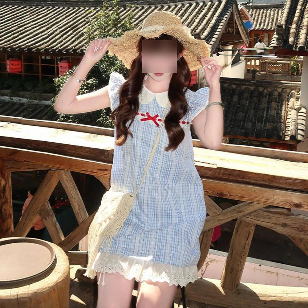 French Sweet Blue Plaid Small Fly Sleeve Dress Unique Beautiful Small Doll Collar a Word Short Skirt Summer