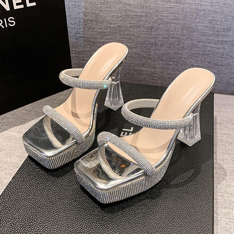 Rhinestone Word with Thick-soled Cool Slippers New Transparent Crystal Thick-heeled Waterproof Table Model Catwalk High-heeled Sandals Women
