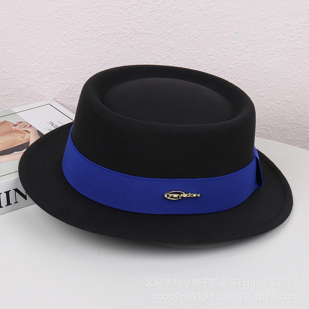 Autumn and Winter French Flat-brimmed Woolen Flat-top Top Top Hat Female British Show Small Face Simple Temperament Elegant Celebrity Style Jazz Hat