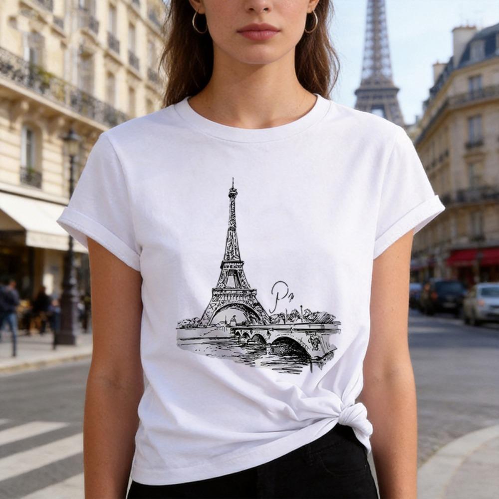 

Women s 90s T Shirt Paris Print T-shirt Girl Short Sleeve Crew Neck Casual Tees Tops for Summer Spring Clothing S