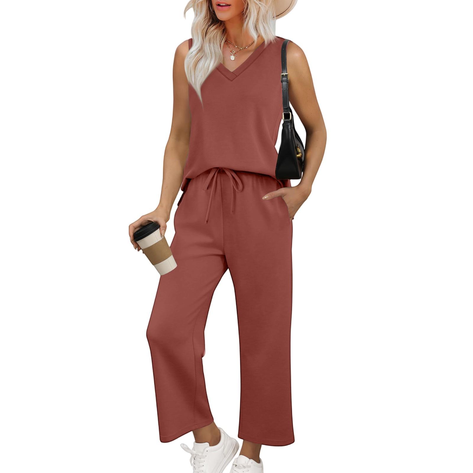 

Женский повседневный модный комплект из свободных широких брюк без рукавов с V-образным вырезом XL арбуз красный