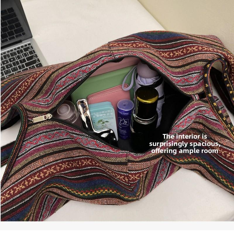 Retro Striped Texture Simple Backpacks for Women Large Capacity Two Way Shoulder Bags Lazy Ethnic Style Joker Tote Storage Bags