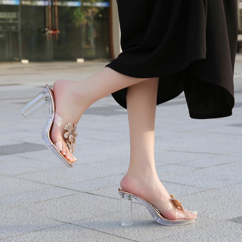 Transparent thick high heels rhinestone bow summer wear crystal sandals new sandals