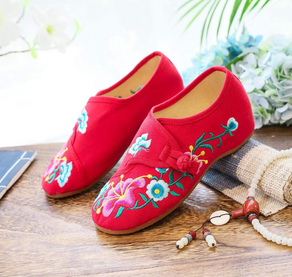 Women's Spring & Autumn Canvas Flats with Morning Glory Embroidery