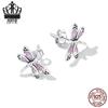 Avle S925 Sterling Silver Dragonfly Earrings with Pink Zircon and Exquisite Hollow Design, SCE1414