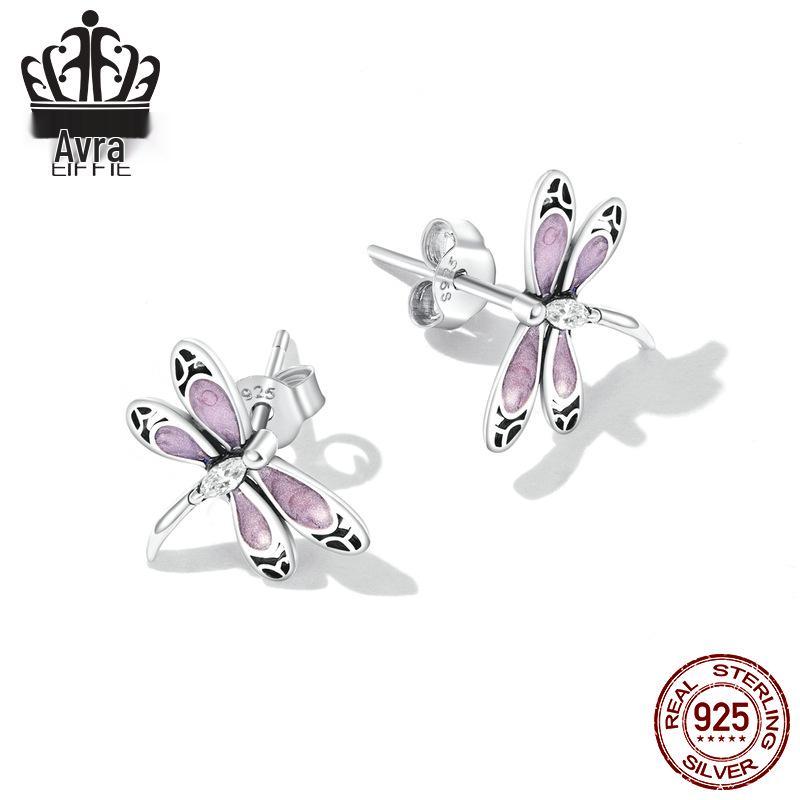 Avle S925 Sterling Silver Dragonfly Earrings with Pink Zircon and Exquisite Hollow Design, SCE1414