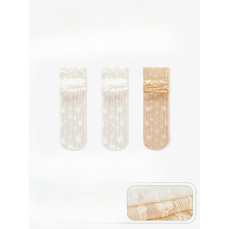 3 Pairs of Women's Summer Thin Lace Flowers In The Tube Pile Socks