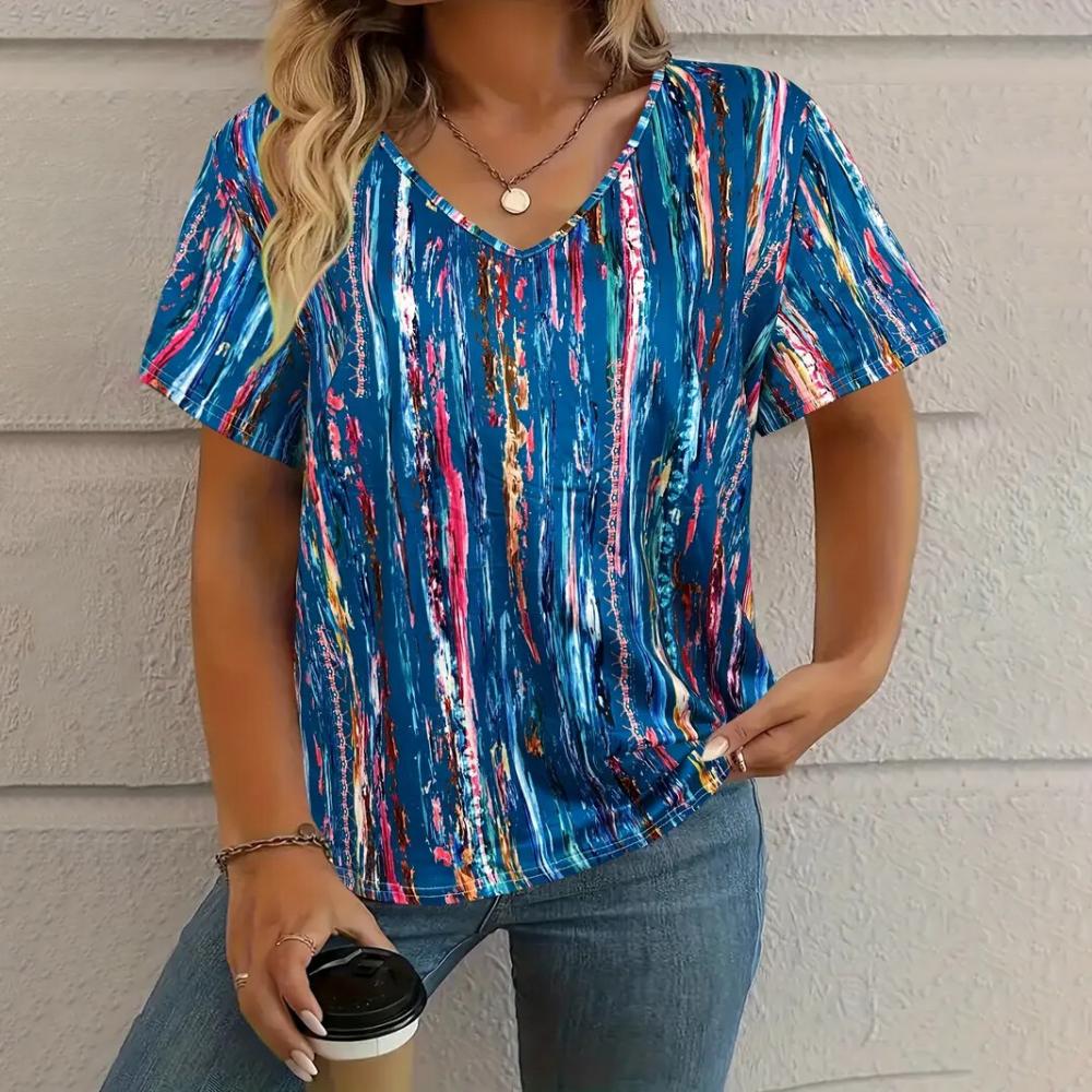 Vintage Damen T-Shirt Grafikdruck Sommer Casual V-Ausschnitt Kurzarm T-Shirts Mode Weiblich Outdoor Übergröße Übergroß