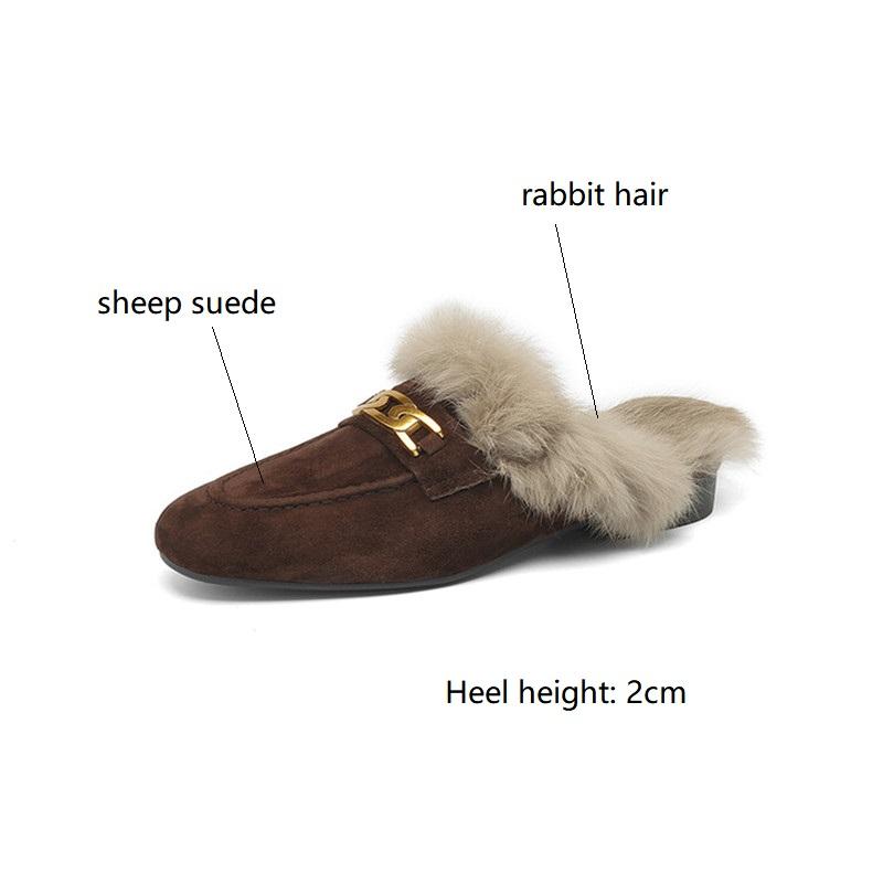 Fashion 2025 Winter Sheep Suede Women Shoes Rabbit Hair Mules Shoes for Women Round Toe Low Heel Slippers Chunky Heel Cover Toe Slippers
