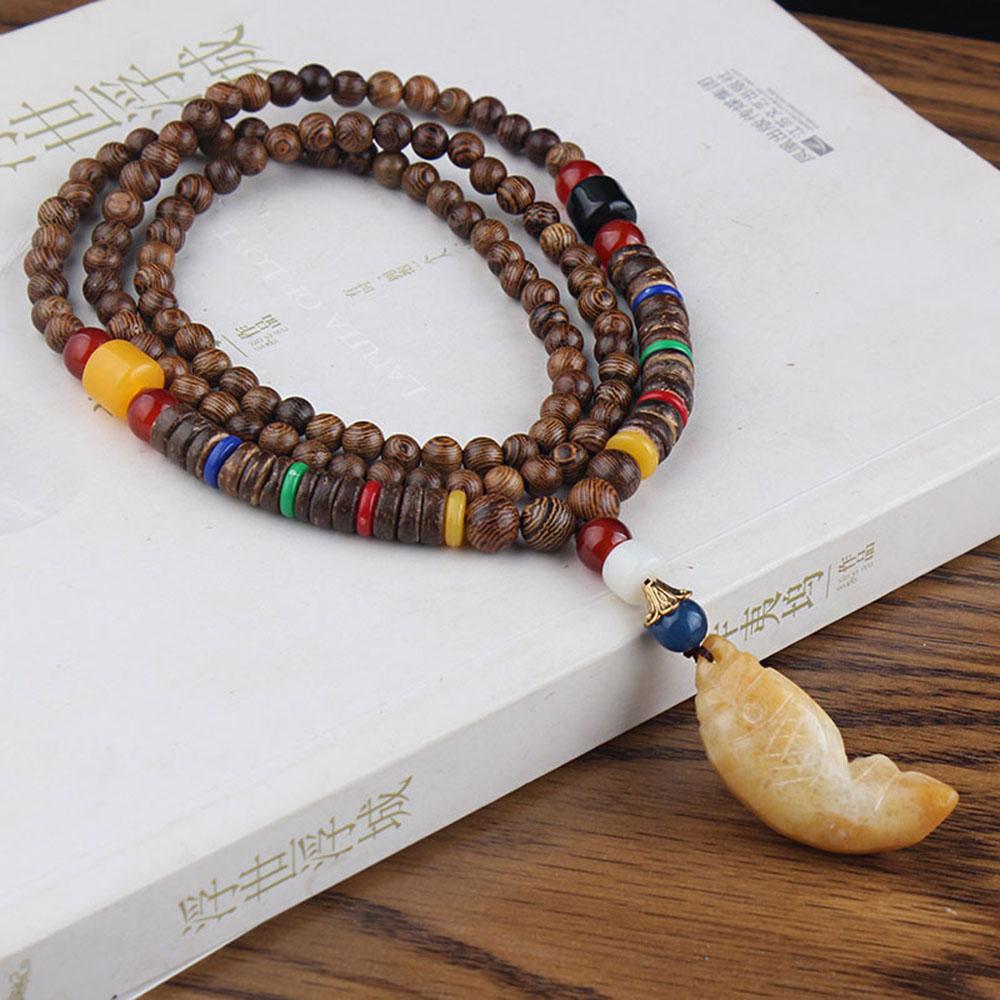 Ethnische handgefertigte Mala Nepal Buddhistisches Horn Lange Halskette Holzperlen Halskette Anhänger