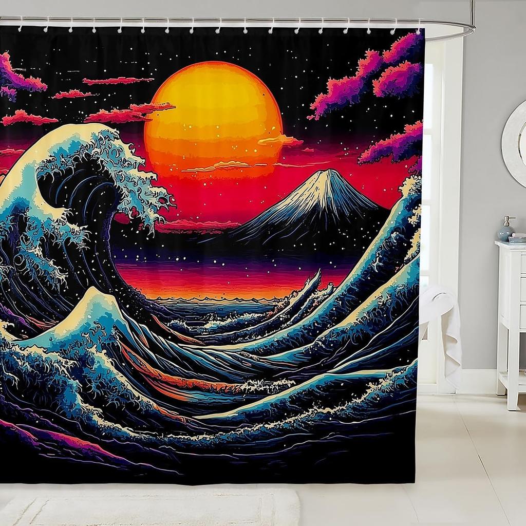 Japanese Style Shower Curtain Set,Red Sun And Crane Bathroom Decor For Kids Adults,Oriental Ukiyoe Bathroom Set Vintage