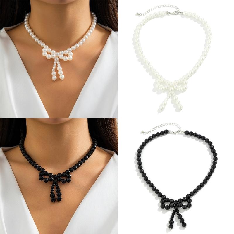 Y2k Bowknot Pearl Necklace for Women Elegant Butterfly Bow Charm Pendant Necklaces Fashion Wedding Party Jewelry Gift