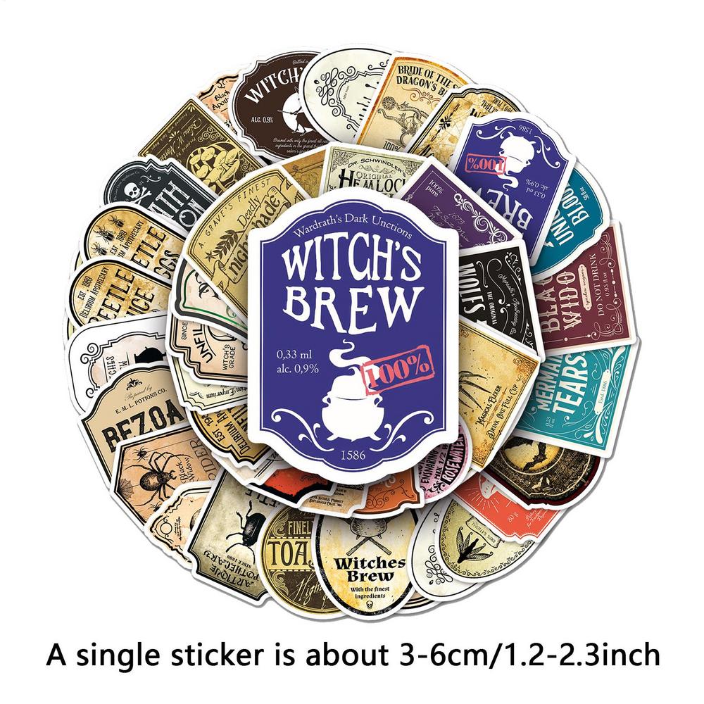 

50PCS Halloween Retro Horror Gothic Wine Bottle Decals Vintage Waterproof Witch Potion Graffiti Stickers for Party Decor