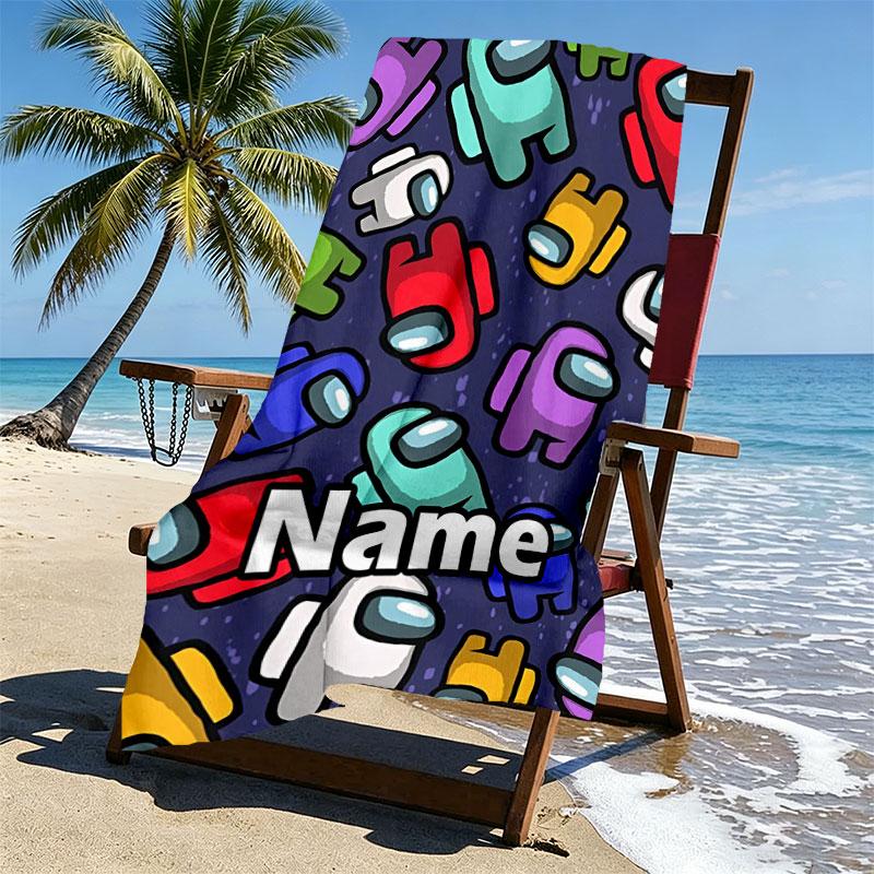 Custom Name Personalized Among Us Print Beach Towel, for Trip Camping Beach Party Home Decor, Birthday Gift for Family & Friends