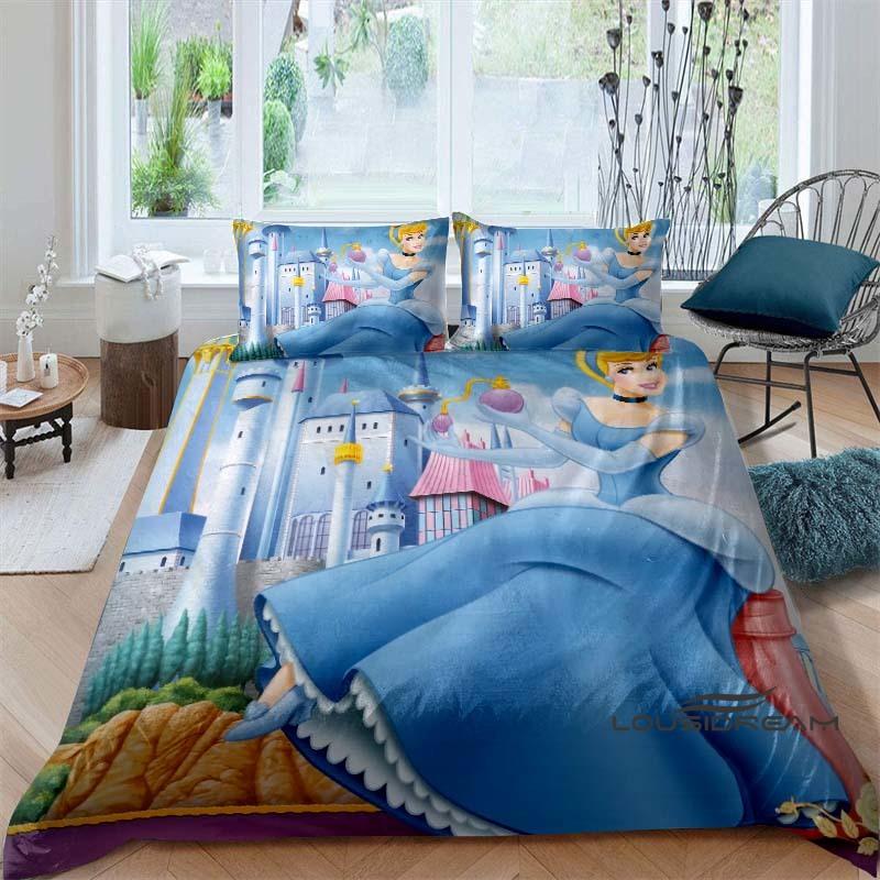 Cartoon-themed Cinderella fairy tale duvet cover and pillowcase bedding set, suitable for boys' and girls' bedrooms, and as a